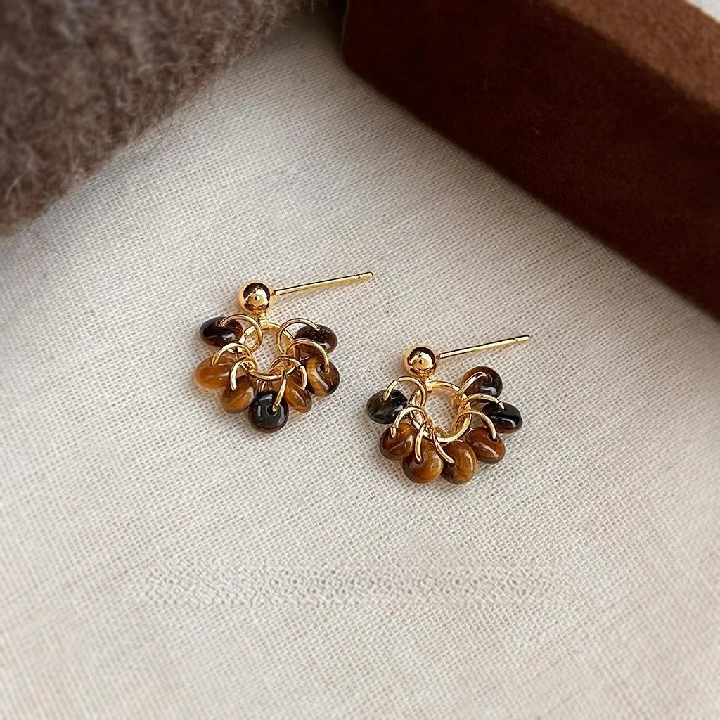 Maillard Style Natural Tiger Eye Stone Copper Tassel Drop Earrings
