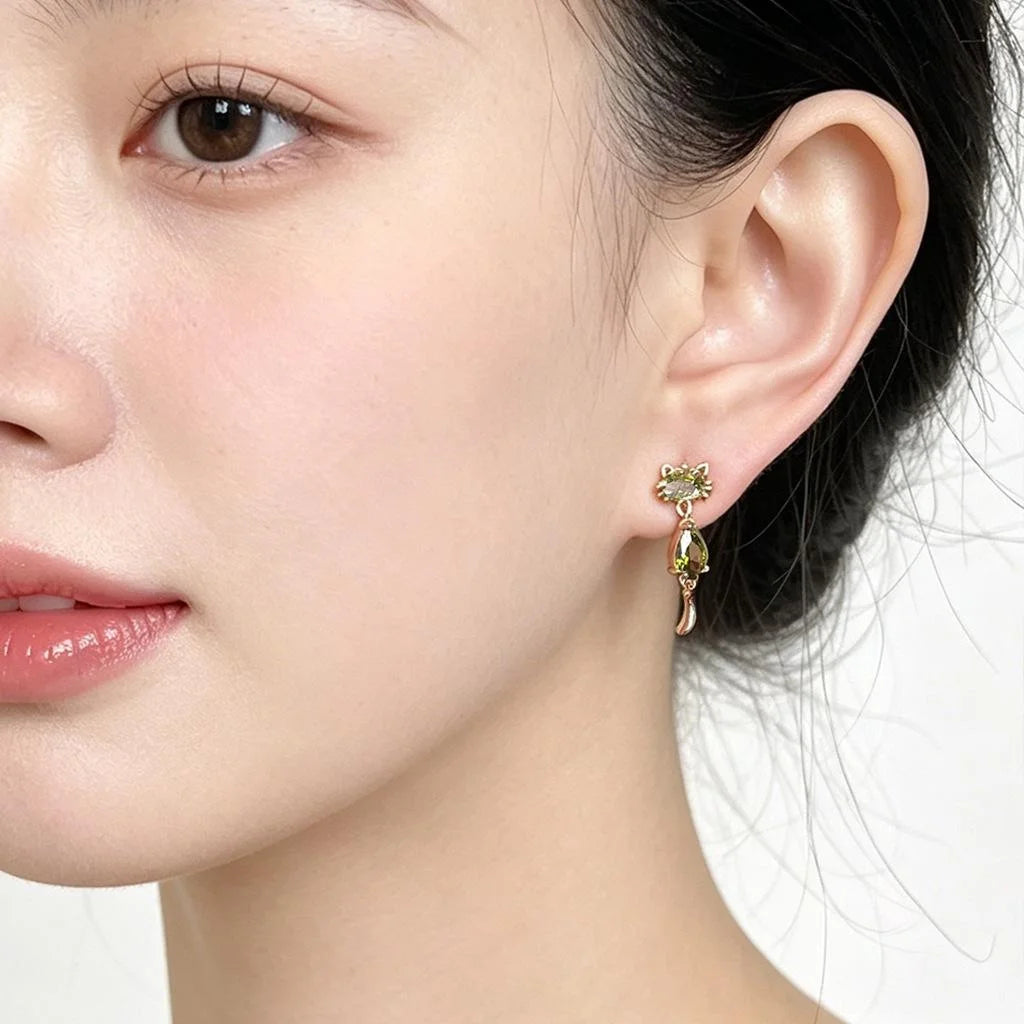 Olive Green Zircon Cat Drop Earrings Copper Cute Animal Design Fashion Jewelry For Women