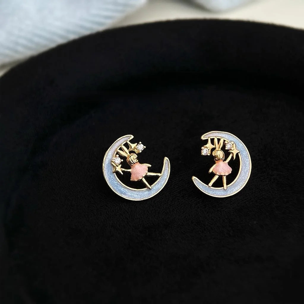 14K Plated Copper Moon Rabbit Stud Earrings With Micro Pave Zircon Hand Painted Fairy Style