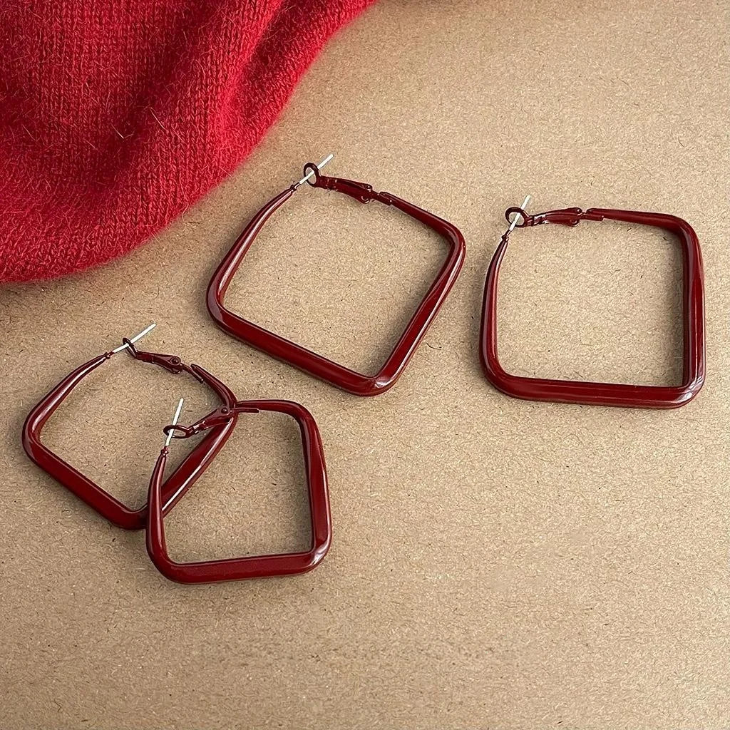 Vintage Hong Kong Style Red Enamel Geometric Square Metal Drop Earrings, Minimalist Ring Design