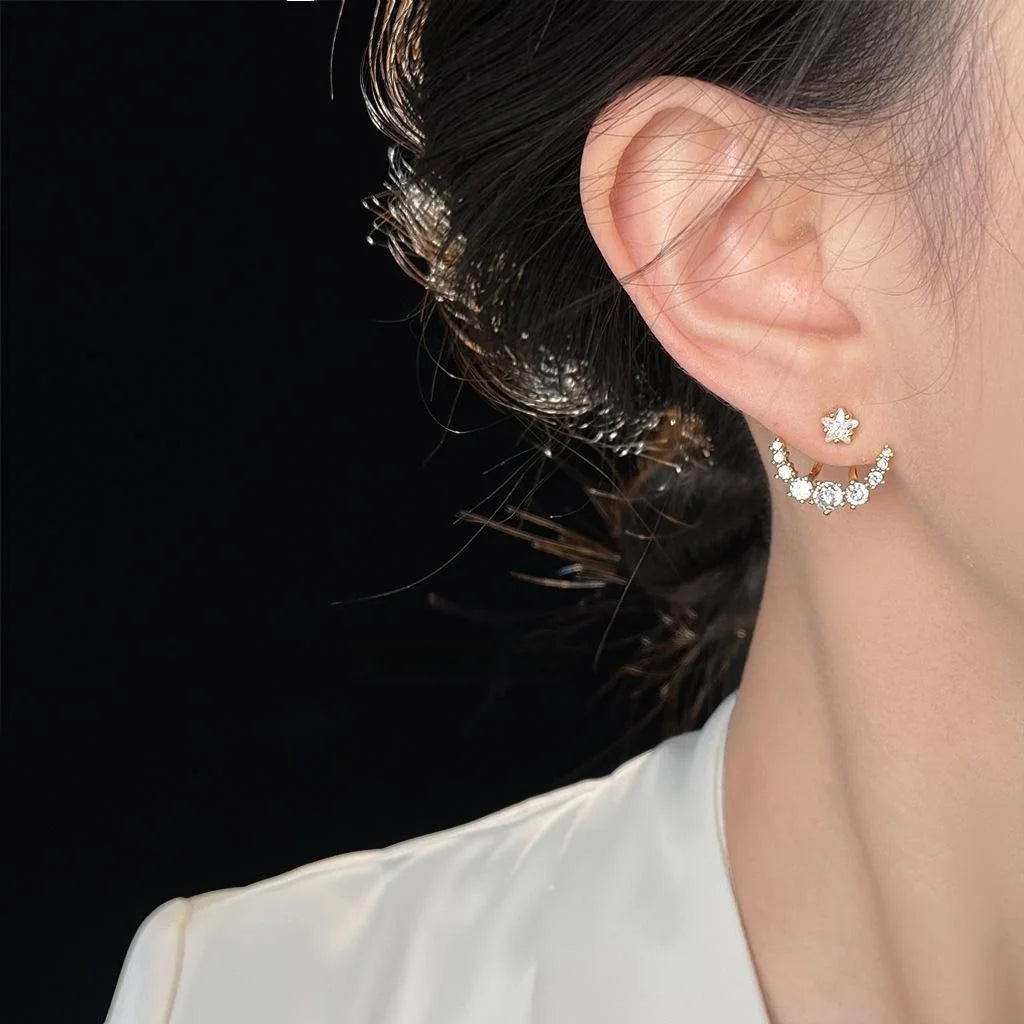 Micro Pave Zircon Star Moon Stud Earrings Eco Copper Two Way Fashion OL Silver Plated Pin