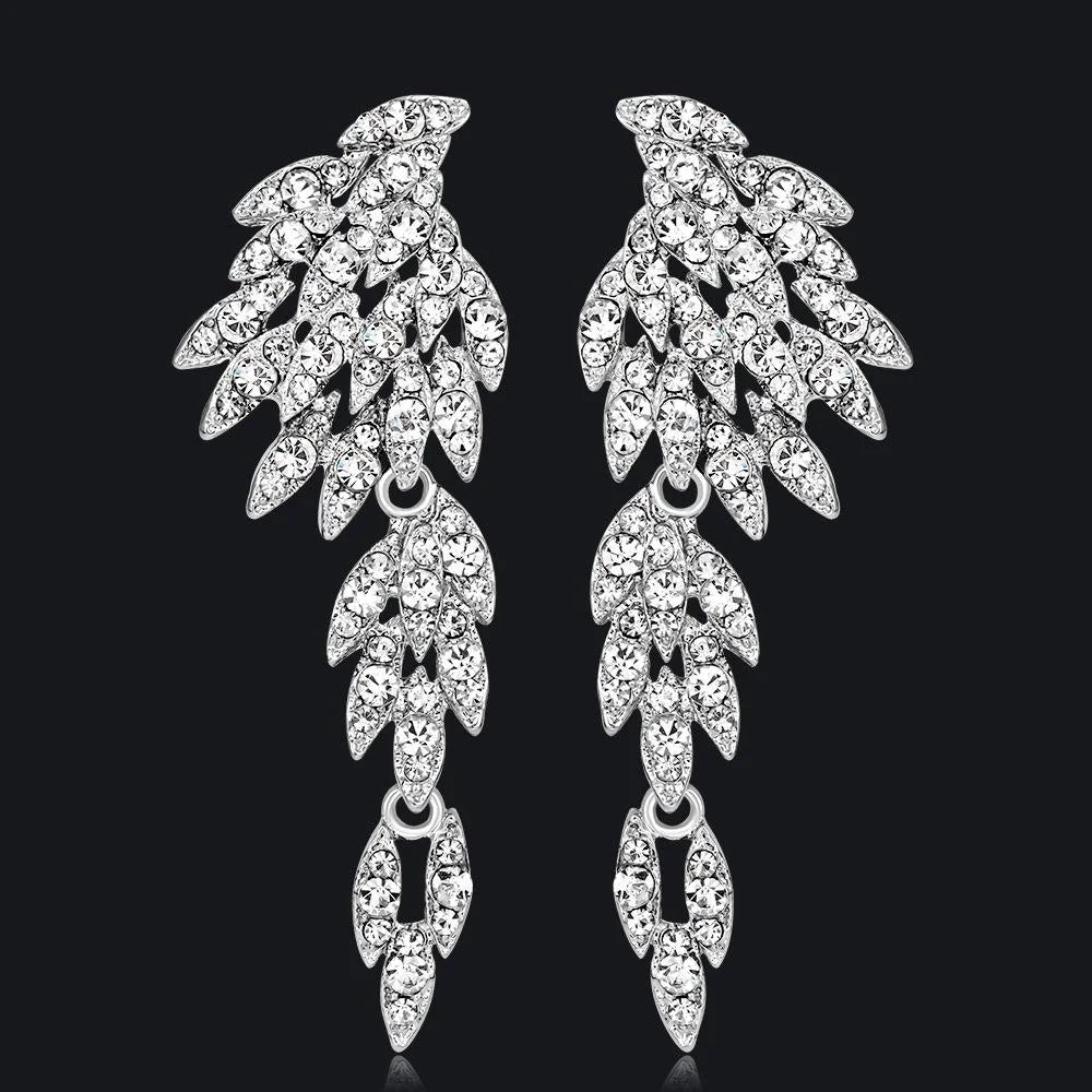 Luxury Rhinestone Crystal Leaf Tassel Drop Earrings, Silver Alloy Bridal Statement Jewelry For Wedding Party
