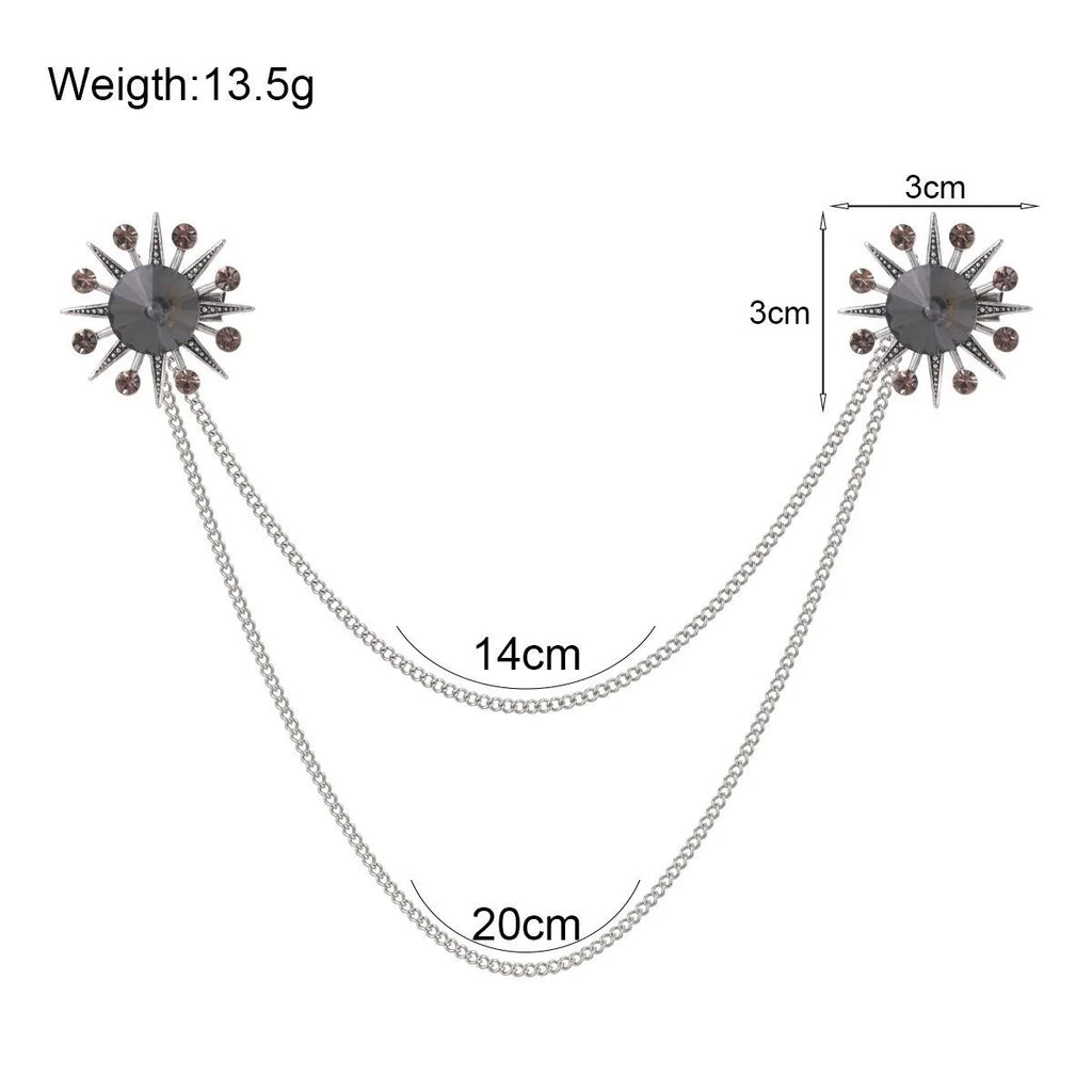 Luxury Sunburst Rhinestone Double Chain Brooch With Large Gem, Elegant Collar Lapel Pin Suit Accessory