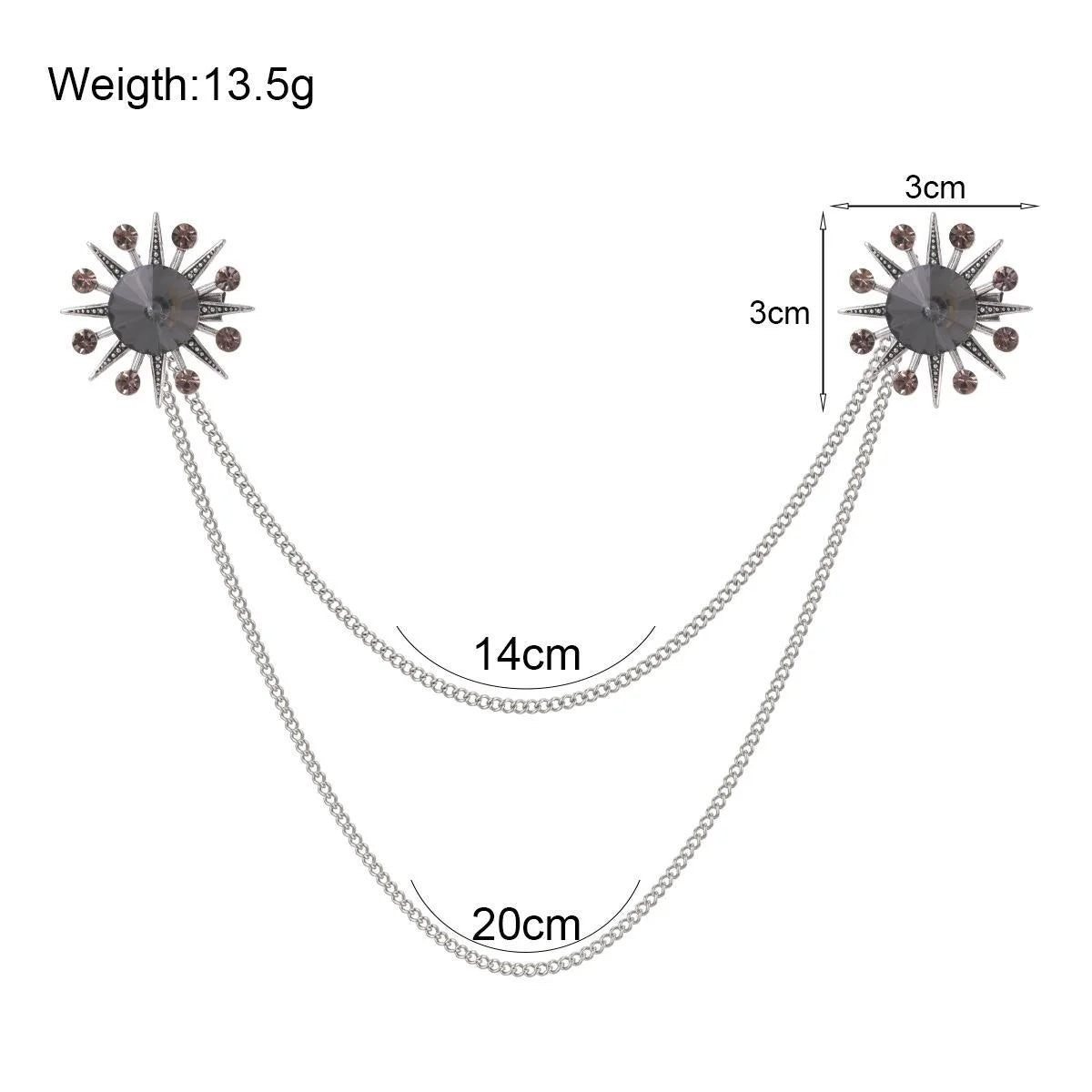 Luxury Sunburst Rhinestone Double Chain Brooch With Large Gem, Elegant Collar Lapel Pin Suit Accessory