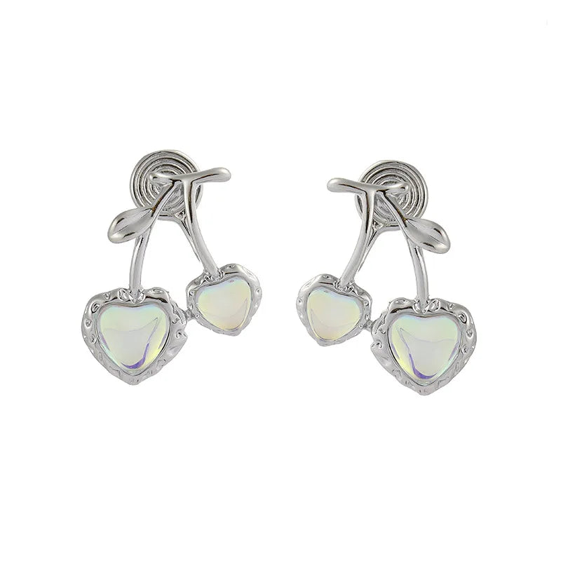Elegant Silver Alloy Cherry Heart Opal Fruit Drop Stud & Clip On No Piercing Fashion Earrings