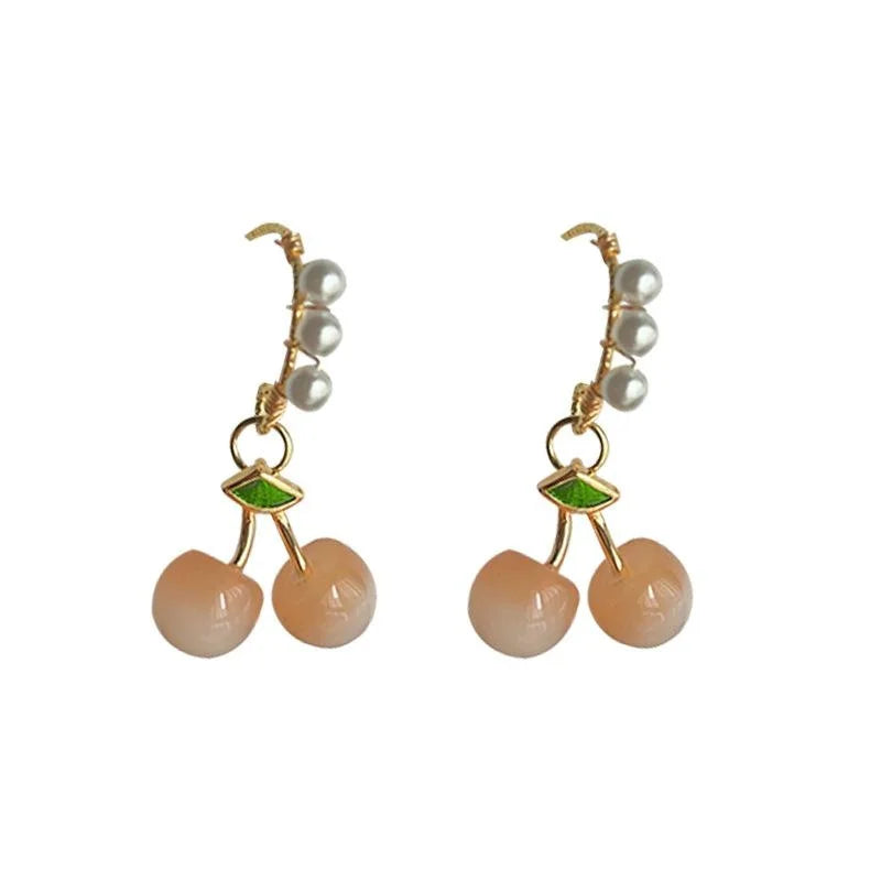 Handmade Cherry Drop Earrings With Copper And Lustrous Pearl Sweet Pastoral Fruit Jewelry