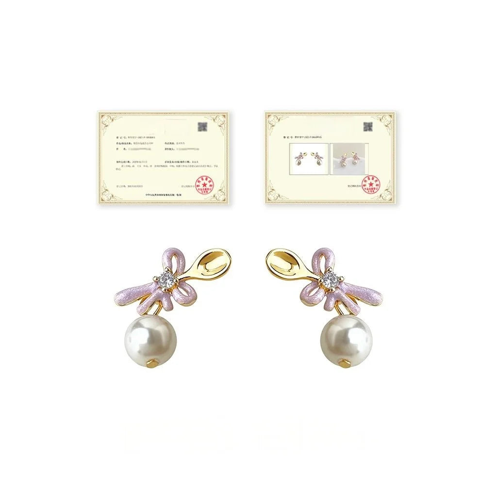 Sweet Bow Pearl Stud Earrings Eco-Friendly Copper Enamel Glaze Spoon Design Women's Jewelry