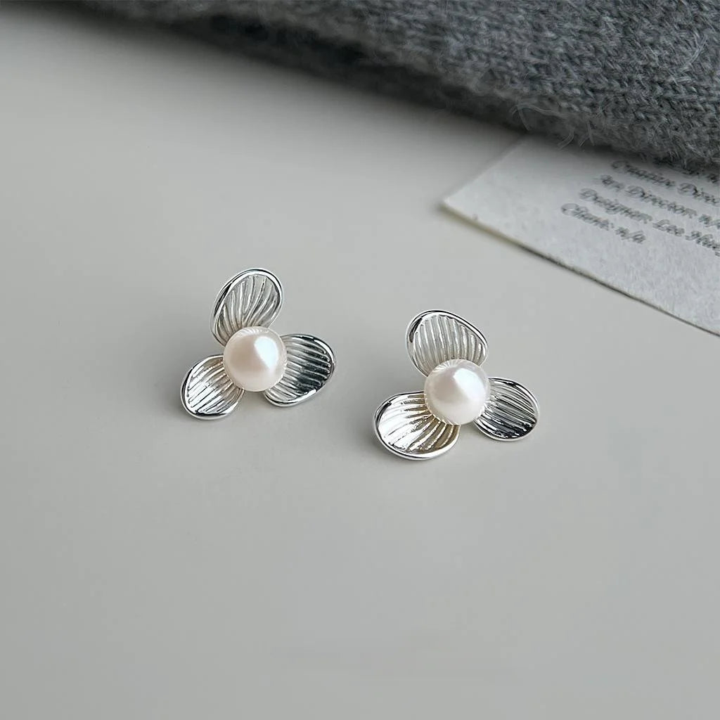 French Vintage Freshwater Pearl Flower Stud Earrings Copper Textured Petal Minimalist Jewelry