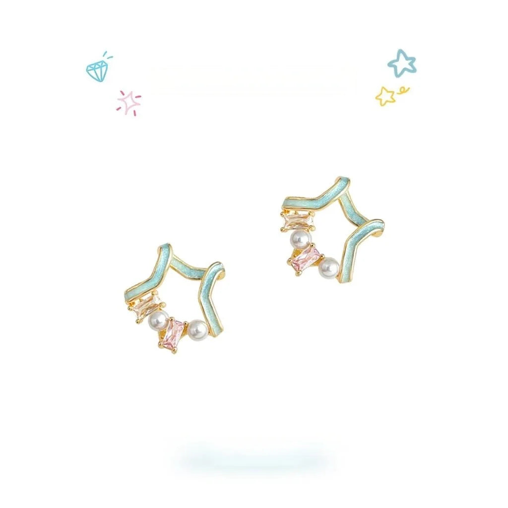 Sweet Girl Style Copper Zirconia Pearl Painted Star Stud Earrings