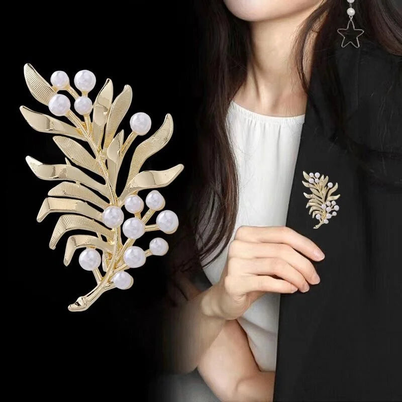 Elegant Gold Alloy Pearl Wheat Leaf Brooch, Botanical Branch Lapel Pin Corsage For Suit Accessory Gift