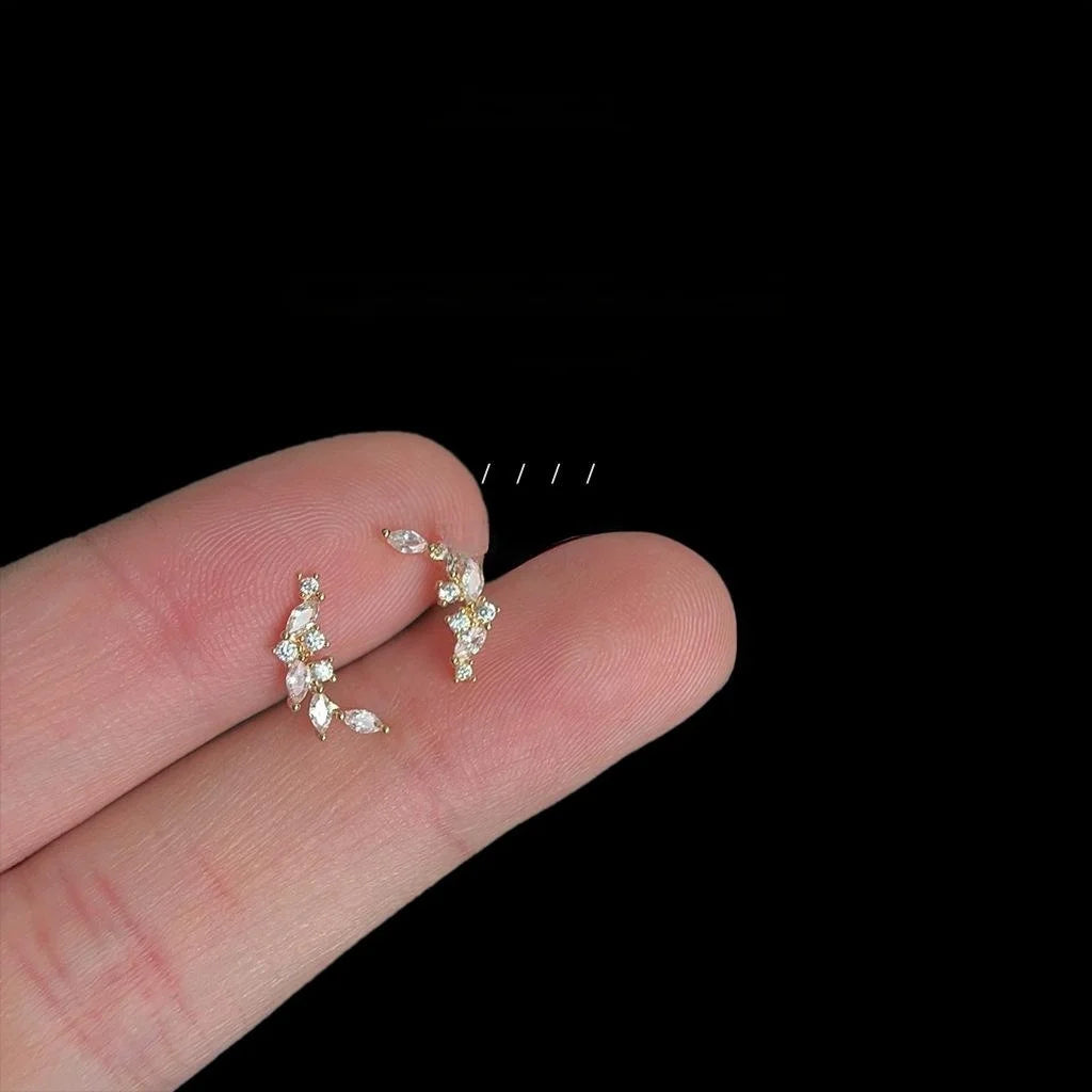 Mini 14K Gold Plated Copper Wheat Zircon Stud Earrings Cute Fresh Geometric Jewelry