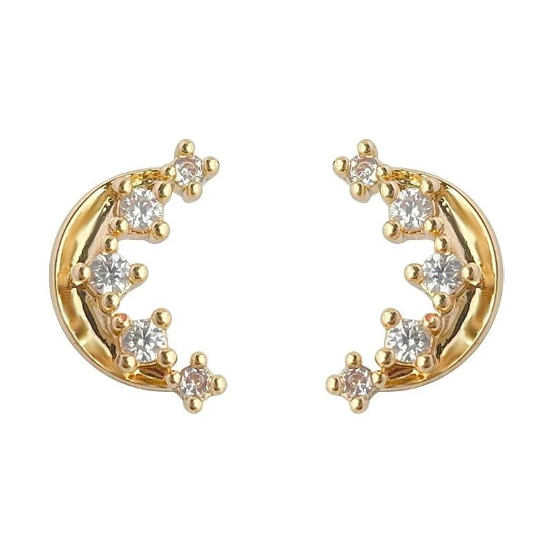 Minimalist Micro Pave Zircon Mini Crescent Moon Stud Earrings Copper