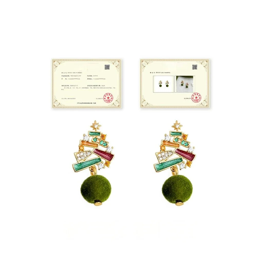 Christmas Tree Drop Earrings Micro Pave Zircon Hand Painted Enamel Flocked Pom Pom