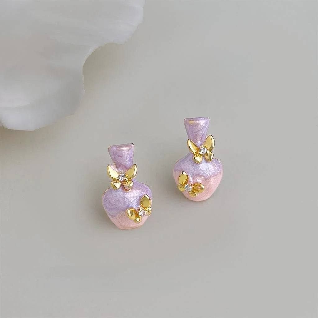 Hand Painted Drip Enamel Floral Vase Butterfly Copper Stud Earrings With Zircon