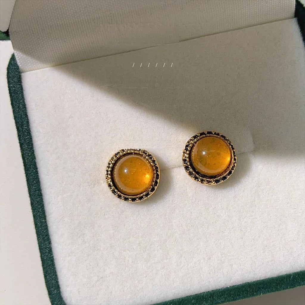 Vintage Maillard Style Antique Gold Plated Copper Round Geometric Stud Earrings For Women