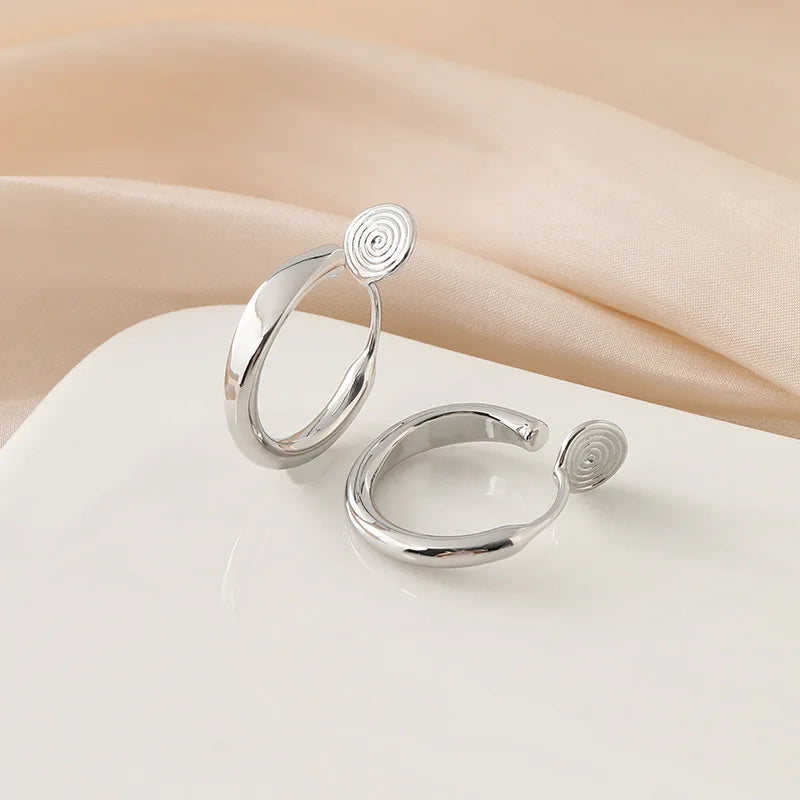 Elegant Silver Alloy Spiral Circle Hoop Stud & Clip On No Piercing Minimalist Commuter Earrings