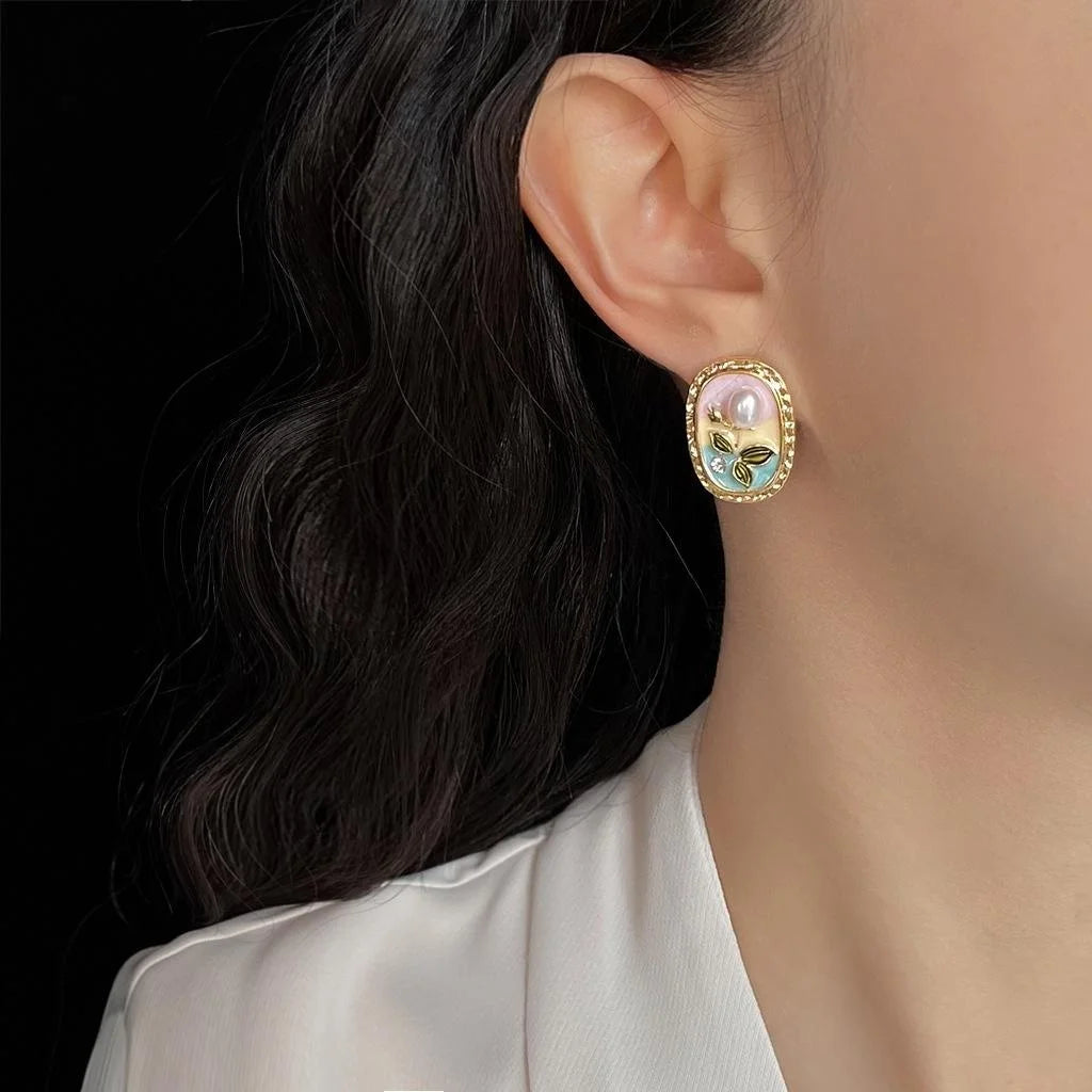Freshwater Pearl 14K Plated Enamel Floral Pastoral Copper Drop Earrings