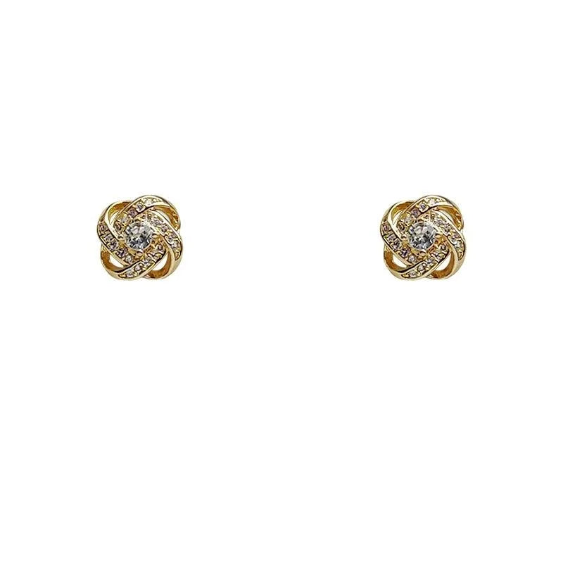 14K Plated Copper Zircon Spiral Knot Stud Earrings Korean Minimalist Mini Geometric Jewelry