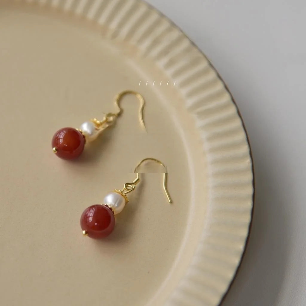 Red Agate Tassel Drop Earrings 14K Gold Plated Vintage Palace Style Jewelry For Women