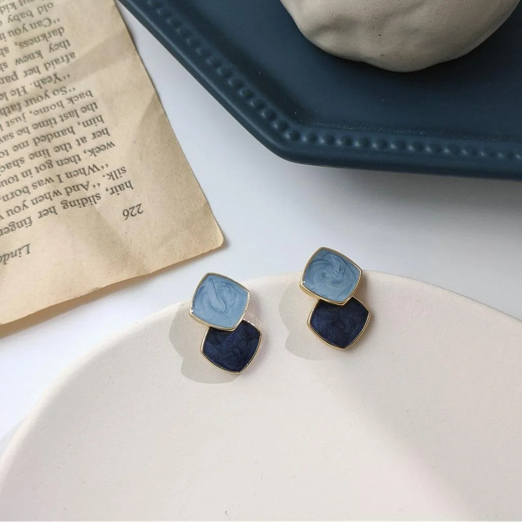 14K Plated Alloy Blue Enamel Square Geometric Stud Earrings