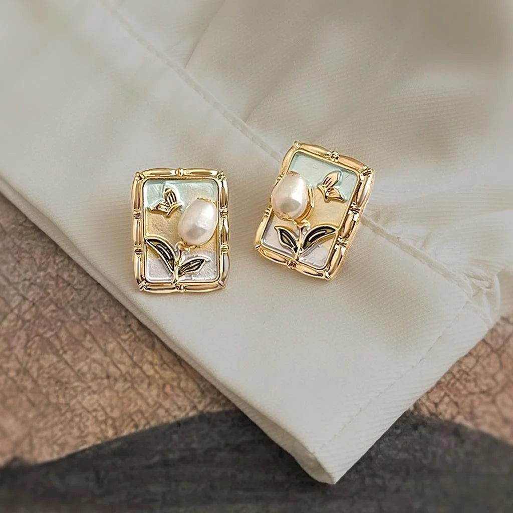 Oil Painting Style Freshwater Pearl Enamel Hand Painted Geometric Flower Stud Earrings
