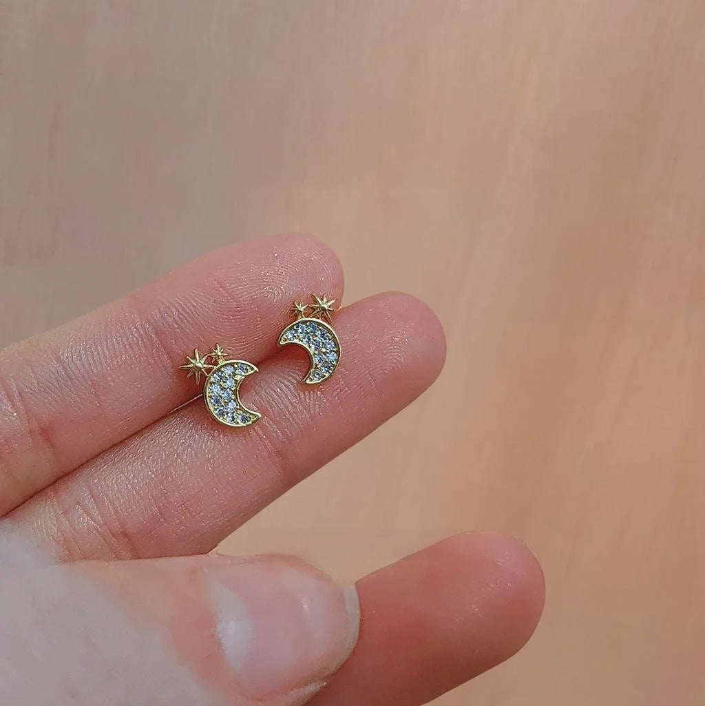 Sweet Mini Moon Star Zircon Copper Stud Earrings With Silver Plated Posts