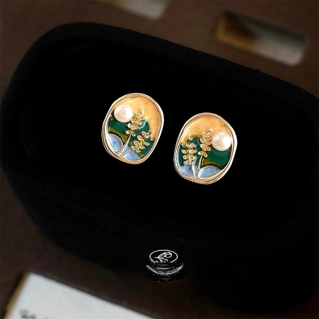 14K Gold Plated Copper Freshwater Pearl Stud Earrings French Vintage Irregular Floral Wheat