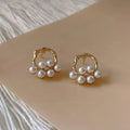 French Vintage Copper Hollow Geometric Pearl Stud Earrings Minimalist Textured Round Jewelry