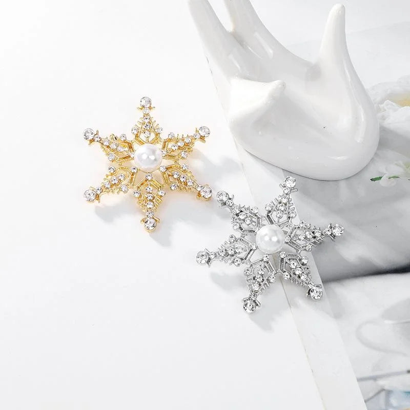 Elegant Alloy Rhinestone Snowflake Star Brooch With Faux Pearl Center, Luxury Lapel Pin Corsage Gift