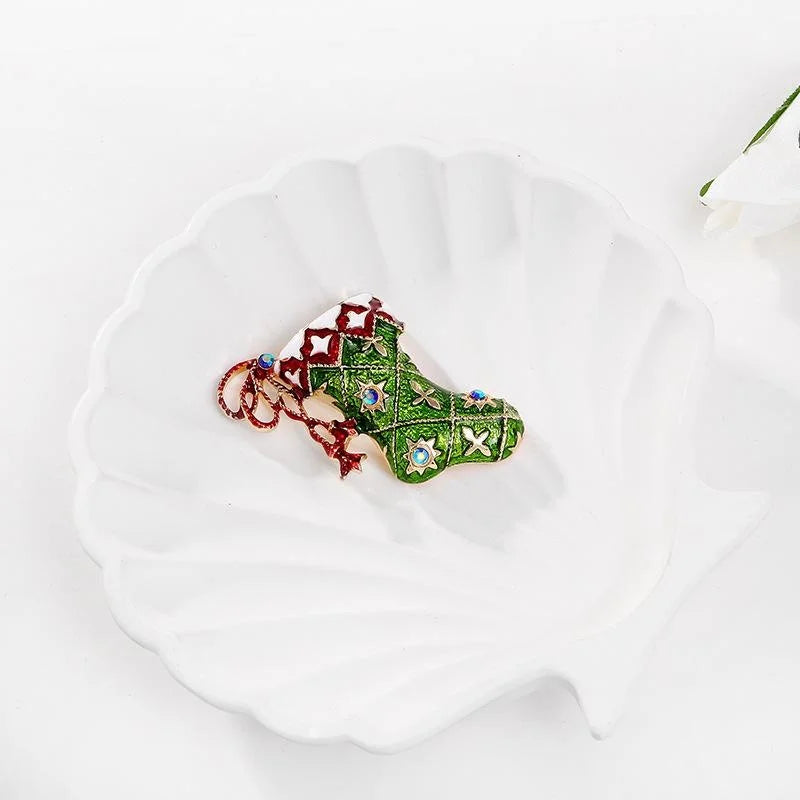 Cute Christmas Stocking Boot Brooch With Green Enamel And Rhinestones, Festive Lapel Pin Gift
