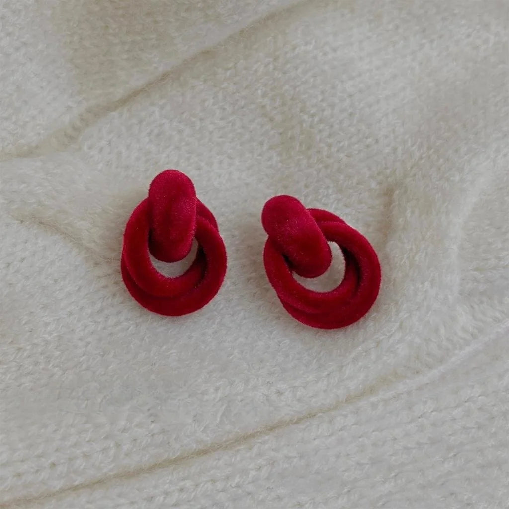 Burgundy Flocked Geometric Rope Knot Stud Earrings With Silver Plated Pins For Women