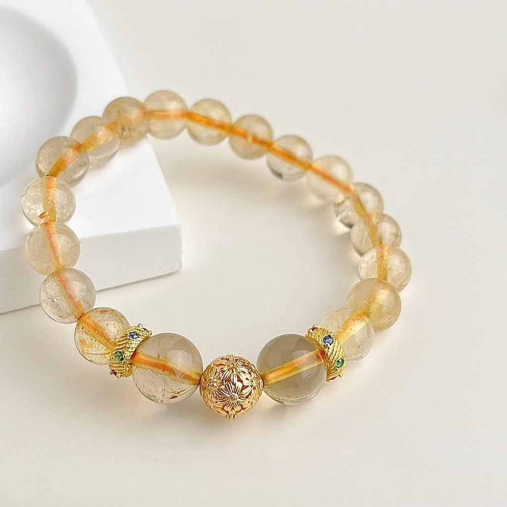Golden Rutilated Quartz Natural Stone Geometric Round Bead New Chinese Vintage Handmade Bracelet
