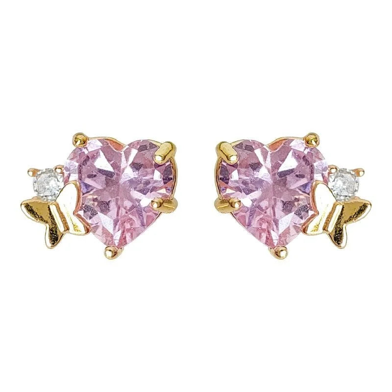 Micro Pave Zircon Heart Stud Earrings With Pink Butterfly Sweet Cute Spring Summer Jewelry