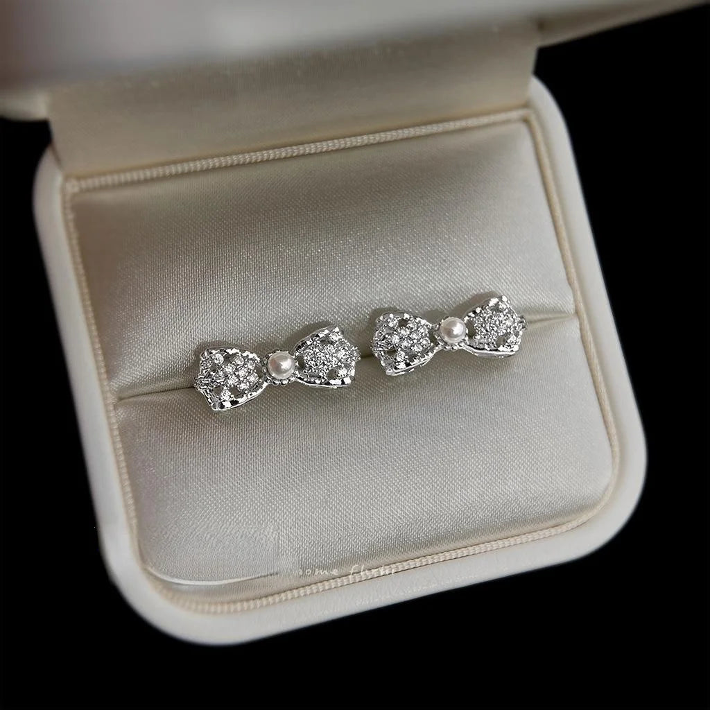 Micro Pave Zircon Copper Bow Stud Earrings Sweet Hollow 3D Minimalist Fashion Jewelry