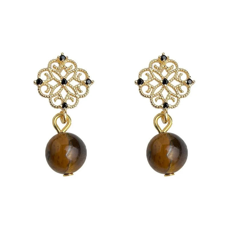 Light Luxury Natural Tiger Eye Stone Zircon Micro Pave 14K Plated Floral Geometric Drop Earrings