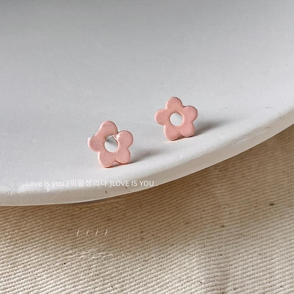 Korean Japanese Style Alloy Pink Enamel Hollow Flower Mini Stud Earrings