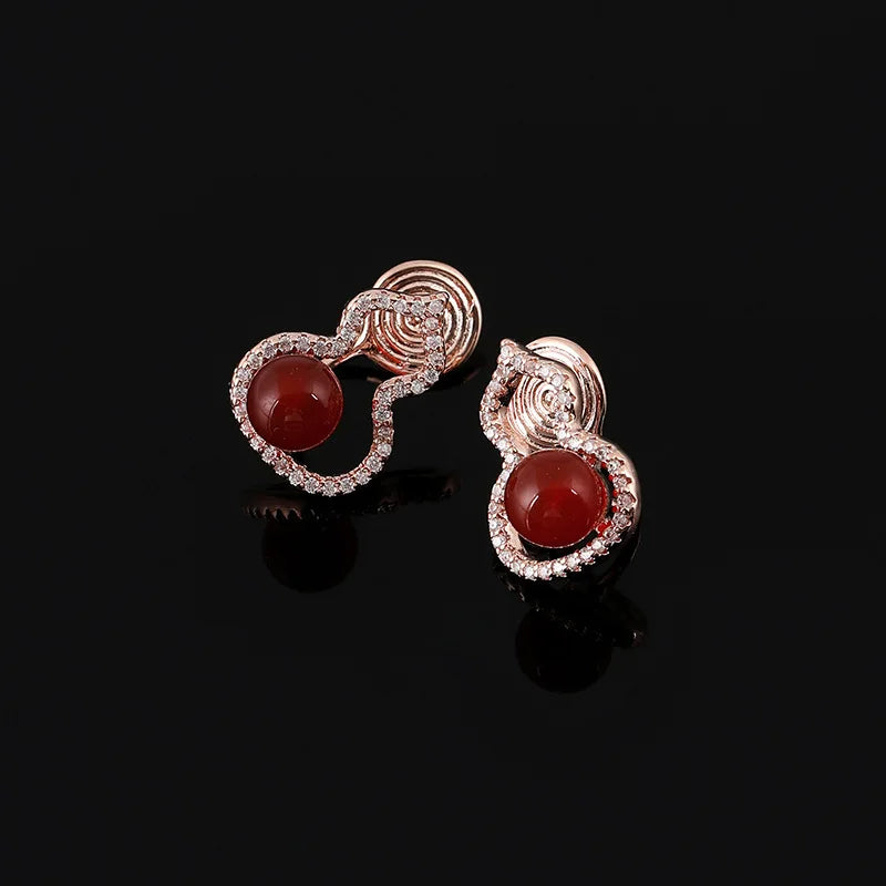 Luxury Red Agate Gourd Shape Zircon Alloy Stud & Clip On No Piercing Women's Earrings