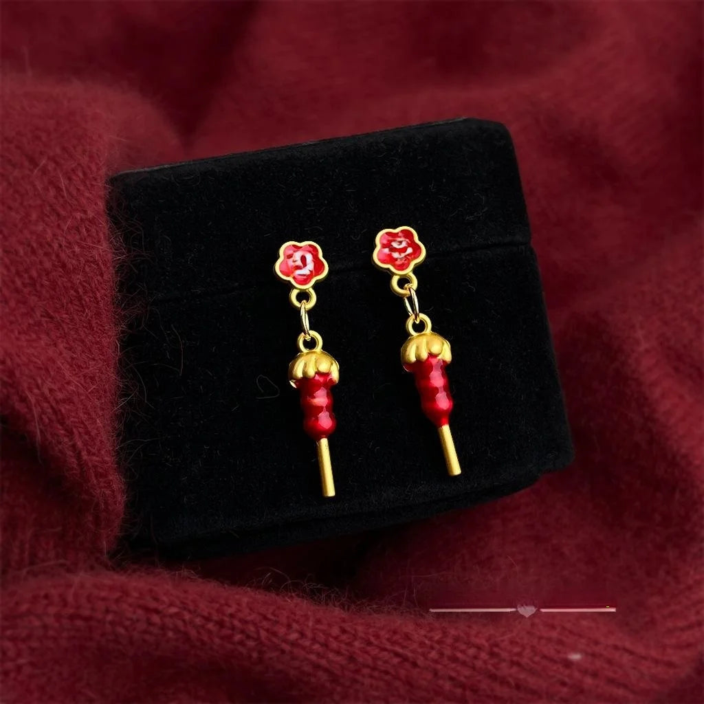Chinese Style Red Enamel Glazed Gourd Tanghulu Flower Drop Earrings With Copper Body