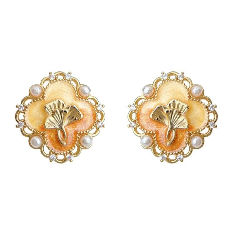 Warm Yellow Enamel Ginkgo Leaf Stud Earrings Copper Retro Maillard Floral Jewelry