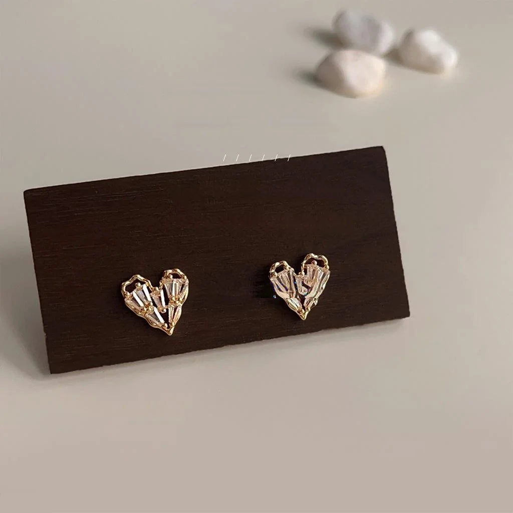 14K Gold Plated Copper Heart Zircon Micro Pave Stud Earrings For Women