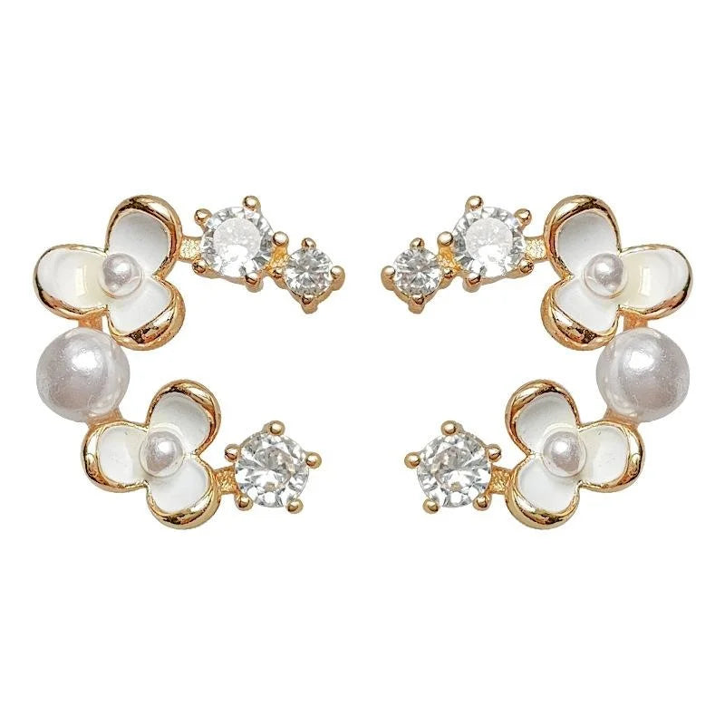 14K Gold Plated Copper Zircon Flower Stud Earrings Sweet Floral Jewelry