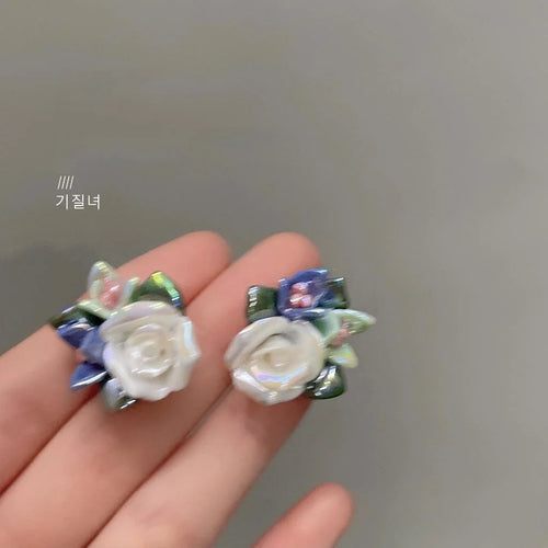 Forest Style Silver Plated Pin Ceramic Flower Stud Earrings Fresh Sweet Blue Floral Petal Design