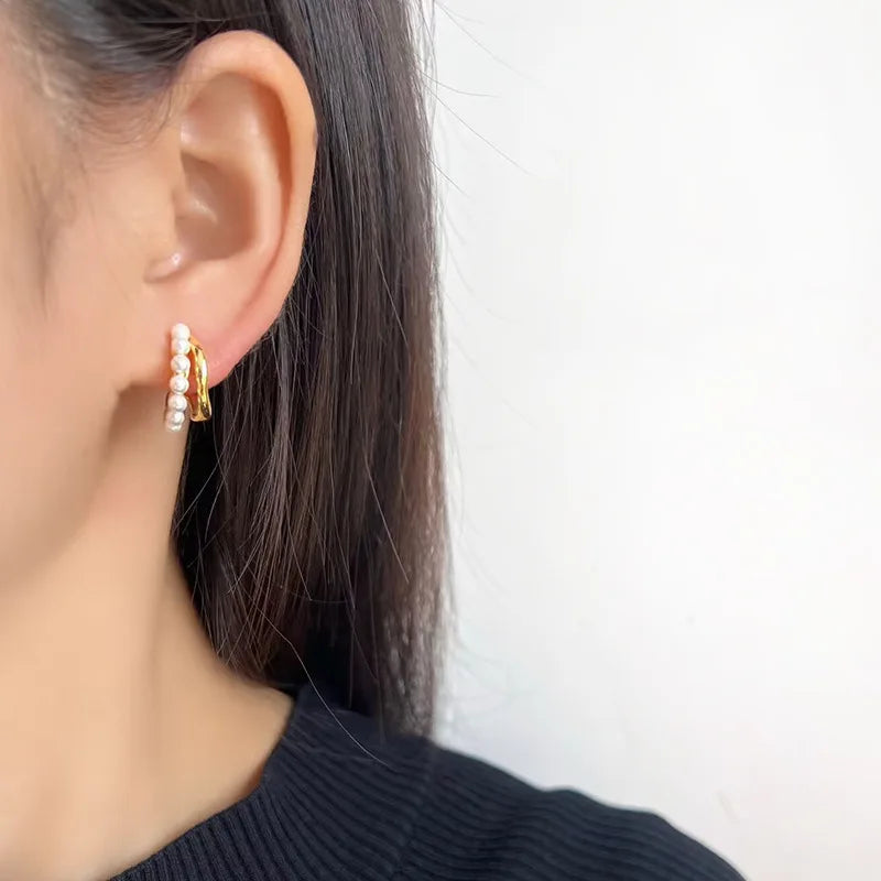Elegant Geometric Pearl Hoop Ear Cuffs In Gold Alloy, Stud & Clip On No Piercing Everyday Earrings