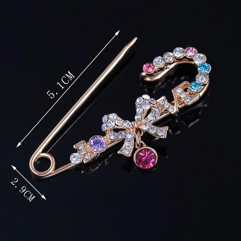 Elegant Rhinestone Bow Safety Brooch With Colorful Crystals, Women's Alloy Lapel Pin Scarf Corsage Gift