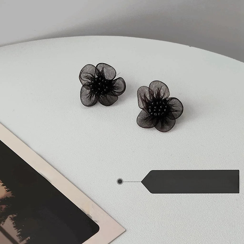 Black Lace Flower Stud Earrings Silver Plated Pin Fashion Commuter Elegant Jewelry