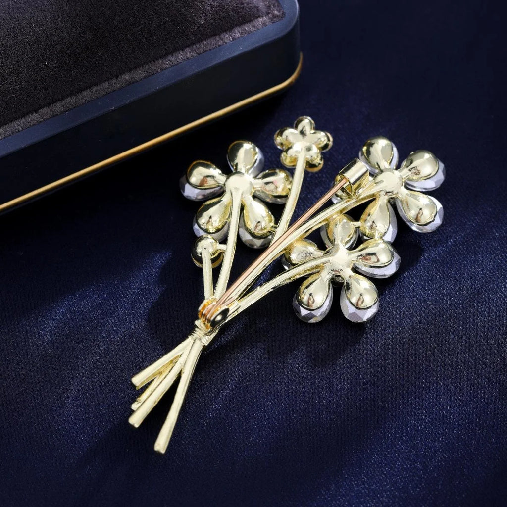 Luxury Rhinestone Crystal Flower Bouquet Brooch Elegant Alloy Lapel Pin Corsage Suit Accessory Gift