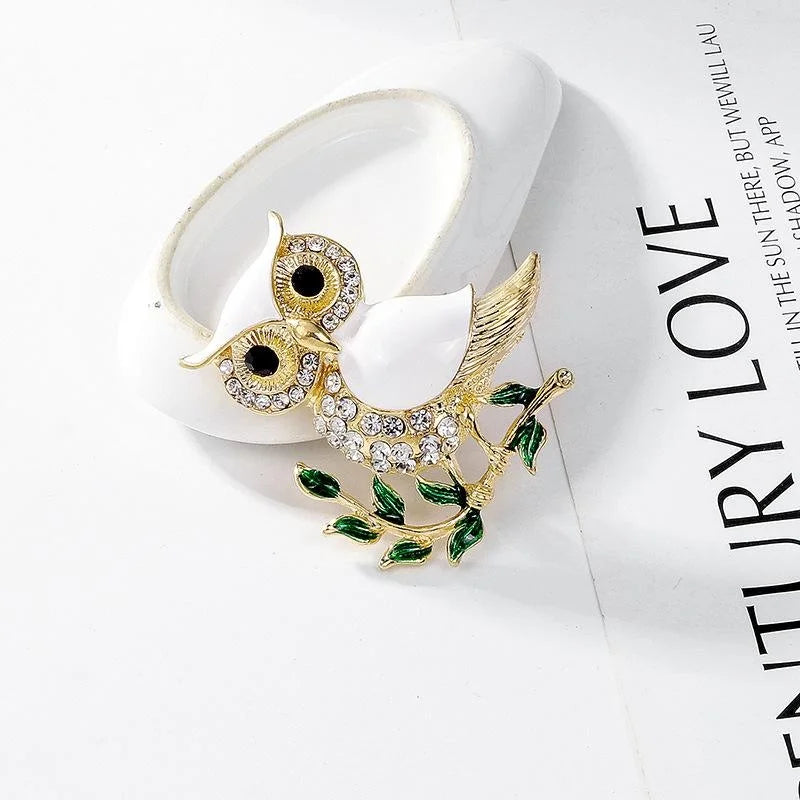 Cute Enamel Owl On Branch Brooch With Rhinestones, Gold Tone Alloy Lapel Pin Corsage Gift For Women