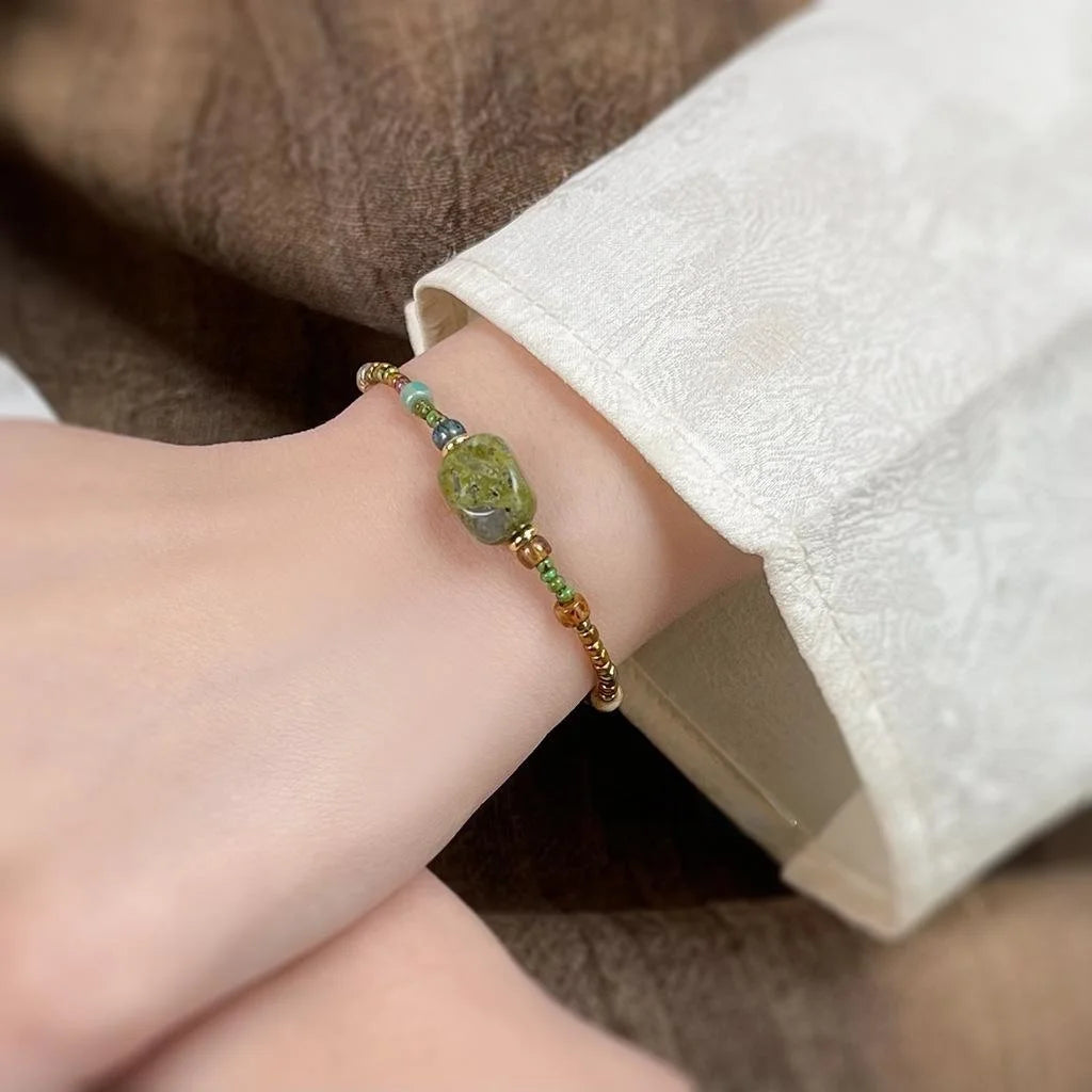 Handmade New Chinese Natural Stone Rice Bead Geometric Circle Line Bracelet