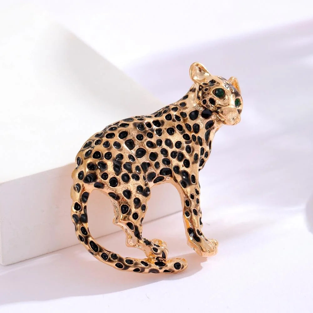 Vintage Gold Plated Alloy Leopard Brooch With Green Eyes, Enamel Animal Lapel Pin Suit Accessory Gift