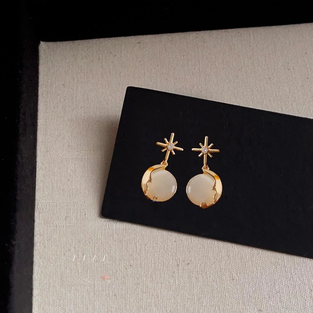 Mini Glass Cat Eye Stone Copper Drop Earrings 14K Plated Cute Floral Geometric Jewelry